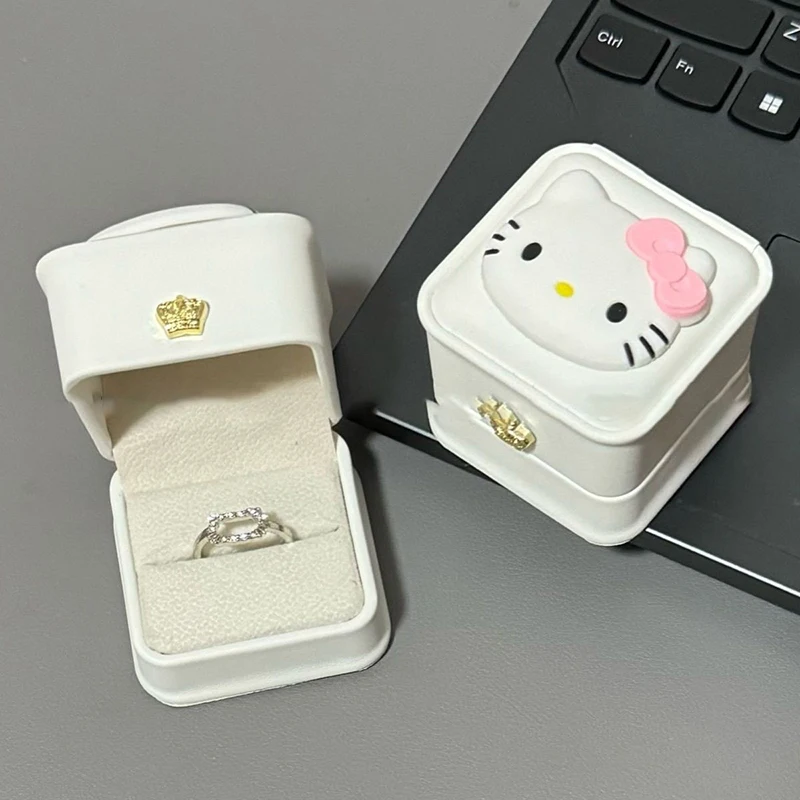 2024 New Sanrio Hello Kitty Ring Storage Box Confession Ring Box White Velvet Jewelry Box Girlfriend Gift Girls Favorite