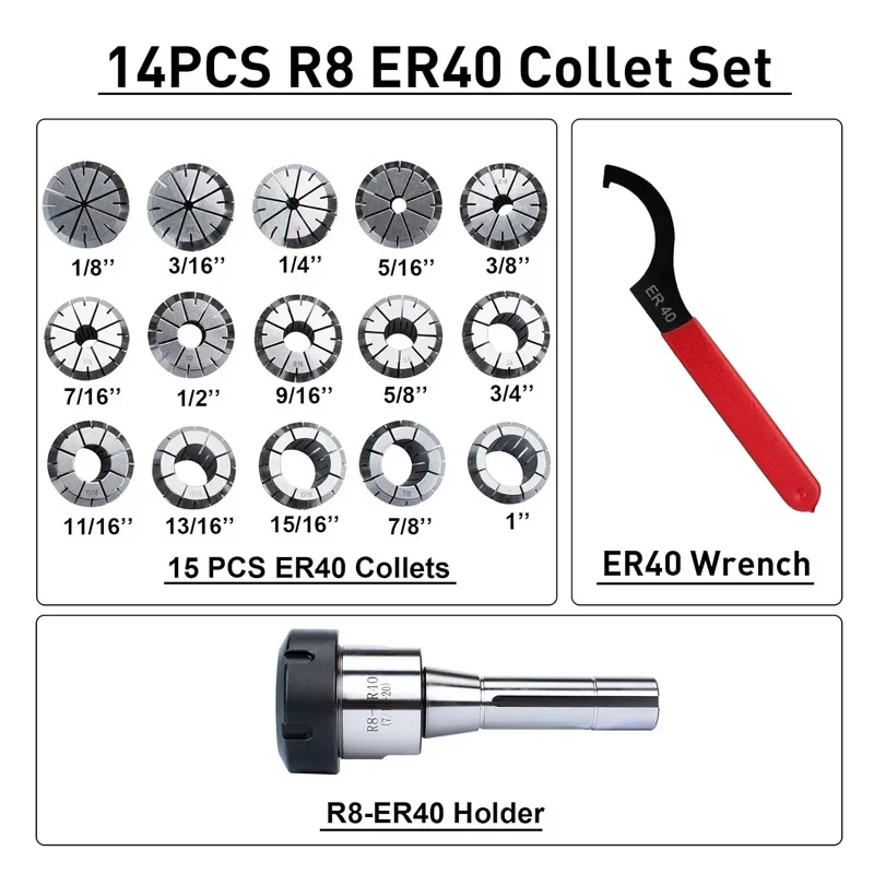 R8-ER40-7/16 Portautensili con pinza a molla ER40 Pinza da 15 pezzi in pollici con set di chiavi R8-ER40