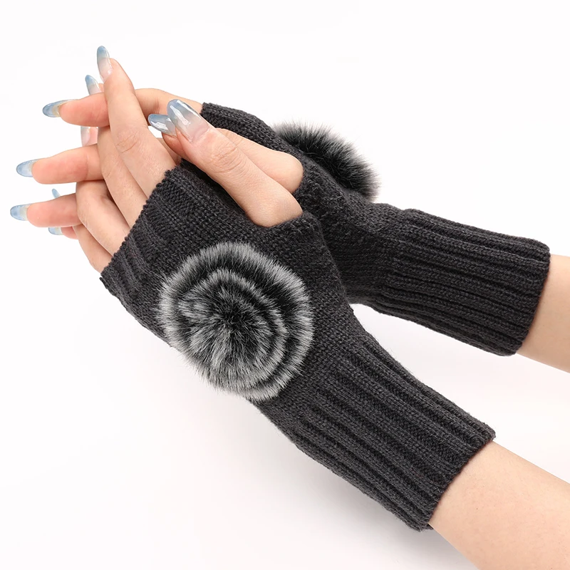 Fur Ball Half Finger Gloves for Women Winter Soft Warm Wool Knitting Arm Gloves Warm Mittens Handschoenen Unisex Guantes Mujer