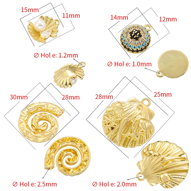 ZHUKOU 18K Golden-Plated Smooth Shiny Pearl Shell Ocean Series Brass Material Jewelry Pendant DIY Accessories:VD1601-VD1604