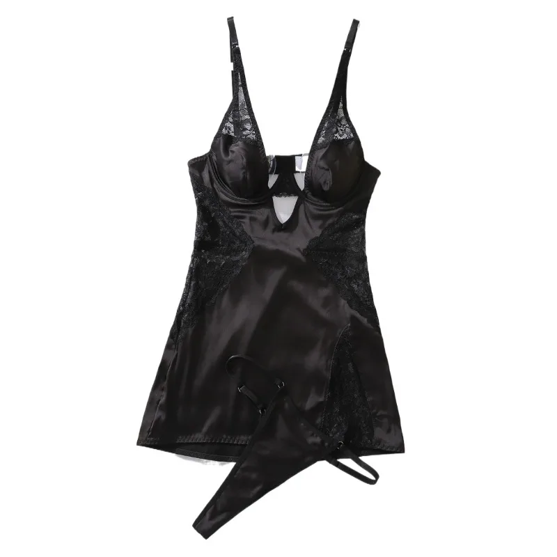 

Sexy Deep-V Neck Satin Dress Sexy Lingerie Lace Patchwork Split Sissy Night Dress Women Slip Dress Silk Nightwear