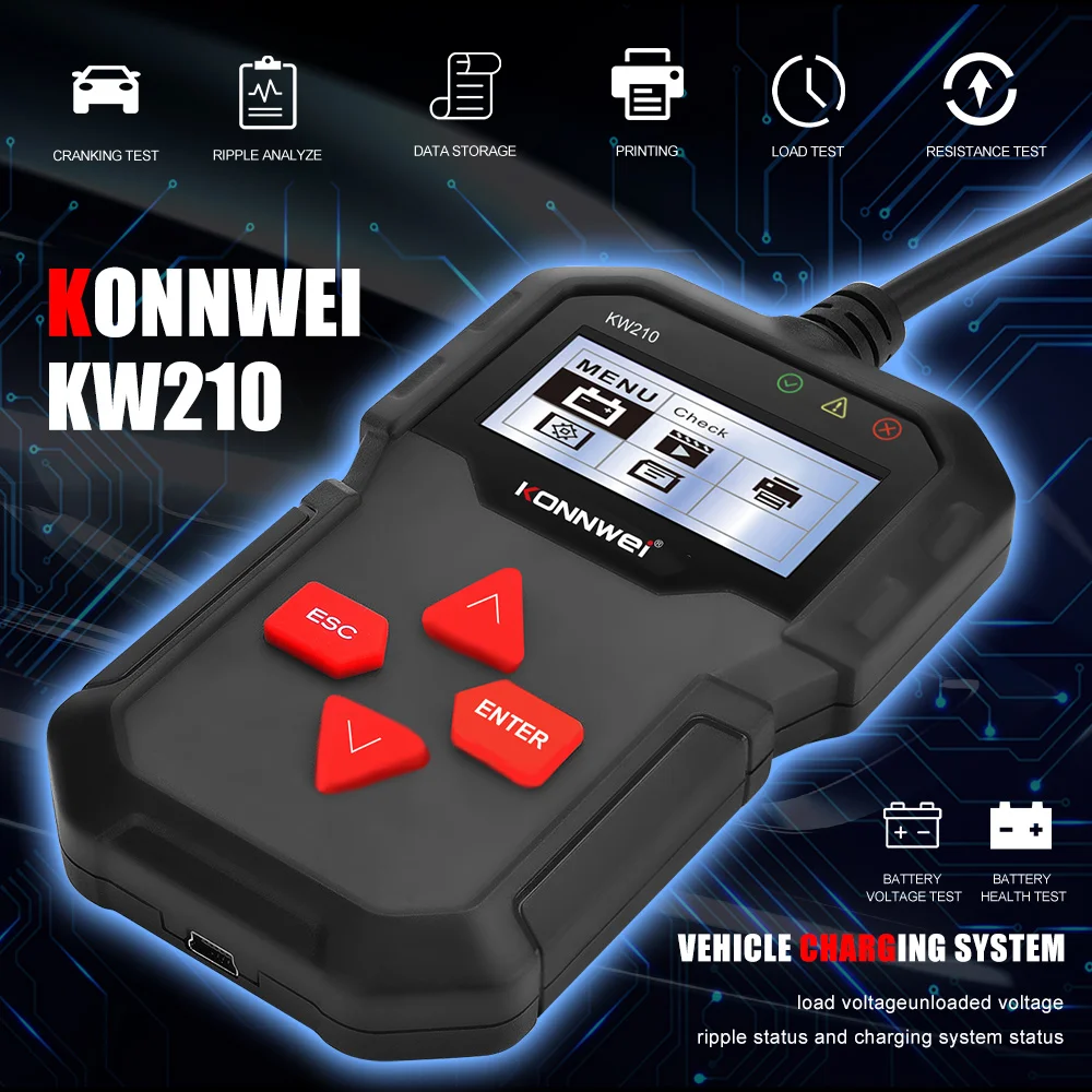 New KONNWEI KW210 Automatic Smart 12V Car Battery Tester Auto Battery Analyzer 100 to 2000CCA Cranking Car Battery Tester