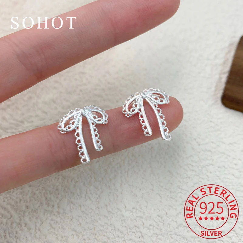 

Real 925 Sterling Silver Hollow Lace Bowknot Stud Earrings for Charm Women Exquisite Minimalist Fine Jewelry Cute Accessories