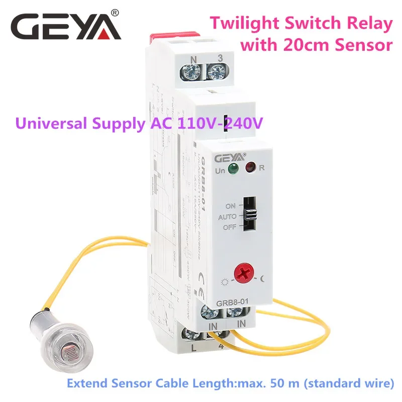 GEYA GRB8-01/02 Din Rail Twilight Switch Photoelectric Timer Light Sensor Relay AC110V-240V Auto ON OFF