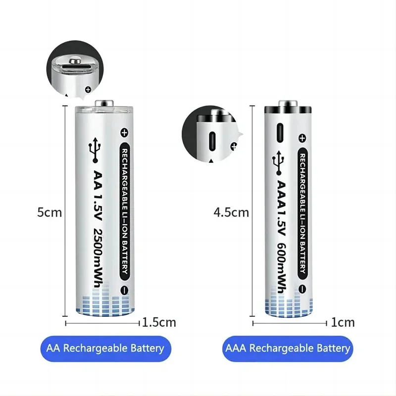 Lithium Battery AAA/AA for Mic Toy Flashlight Rechargeable with Real 2500mWh 600mWh High Capacity USB-C Direct Fast Charge 1.5V