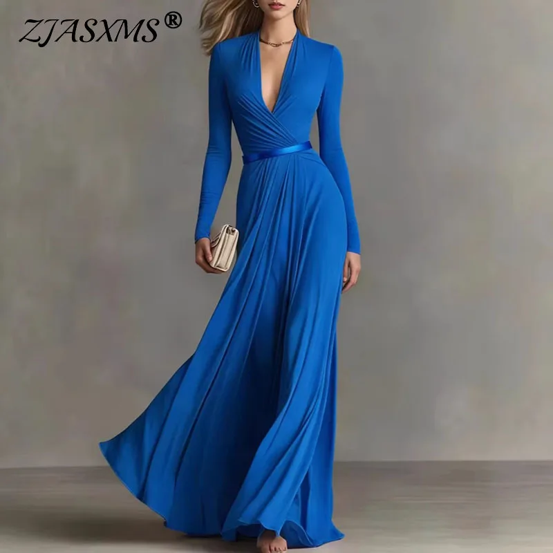 Image of Damenkleider Sexy Tiefer V-Ausschnitt Hohe Taille Maxikleid Langarm Elegantes Einfarbiges Fließendes Partykleid Sommer Boho-Kleid Mujer
