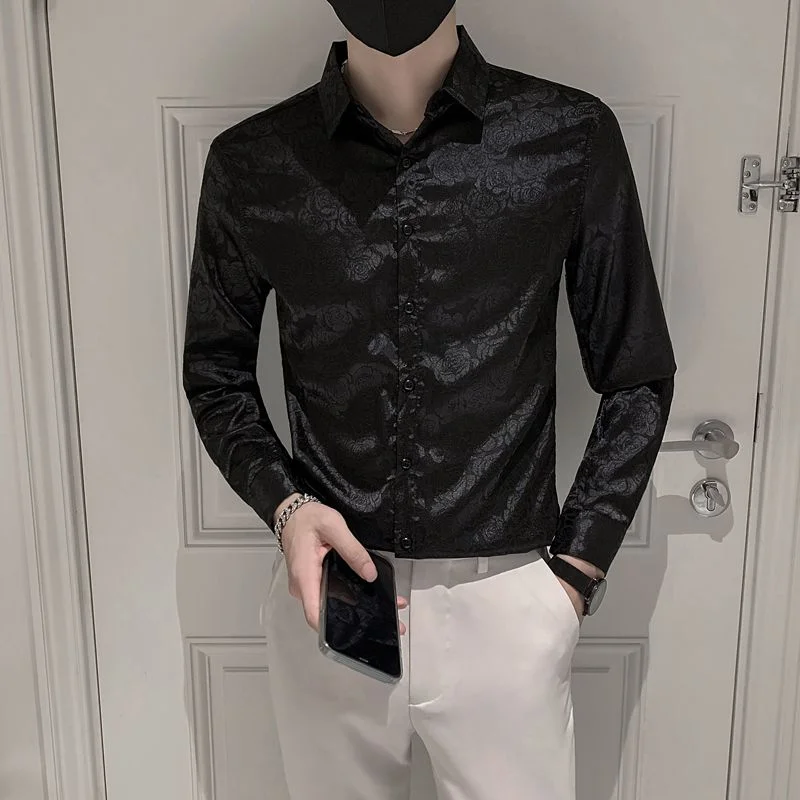 Dot Clothing Long Sleeve Shirts and Blouses for Men Floral Printed Man Tops Vintage Korean Style Cool Elegant Comfortable Silk