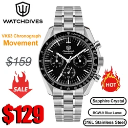 Watchdives WD1863 Quartz Watch VK63 Chronograph Movement Bubble Sapphire Crystal 10Bar Waterproof Luminous 39mm Vintage Watches