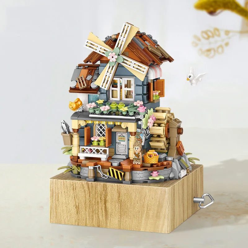Idea Music Box Building Brick Windmill Village House Rural Mini Block Cartoon Figures Construction Model Sets Toys For Kids Gift