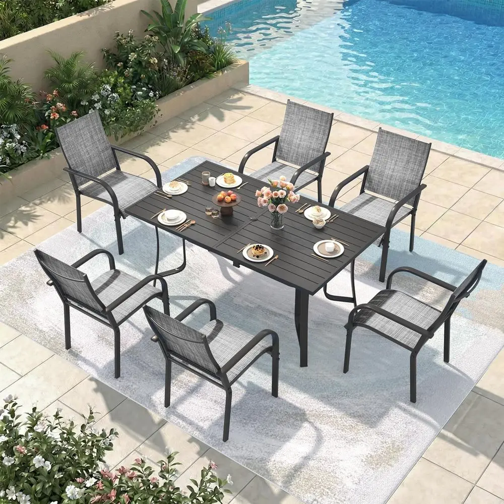 

7 Pieces Patio Tale and Cairs t, 63Metal Dining Tale witUmrella ole & 6 Textilene ixed Cairs, Dining Tale t or 6, Outdoor urnitu