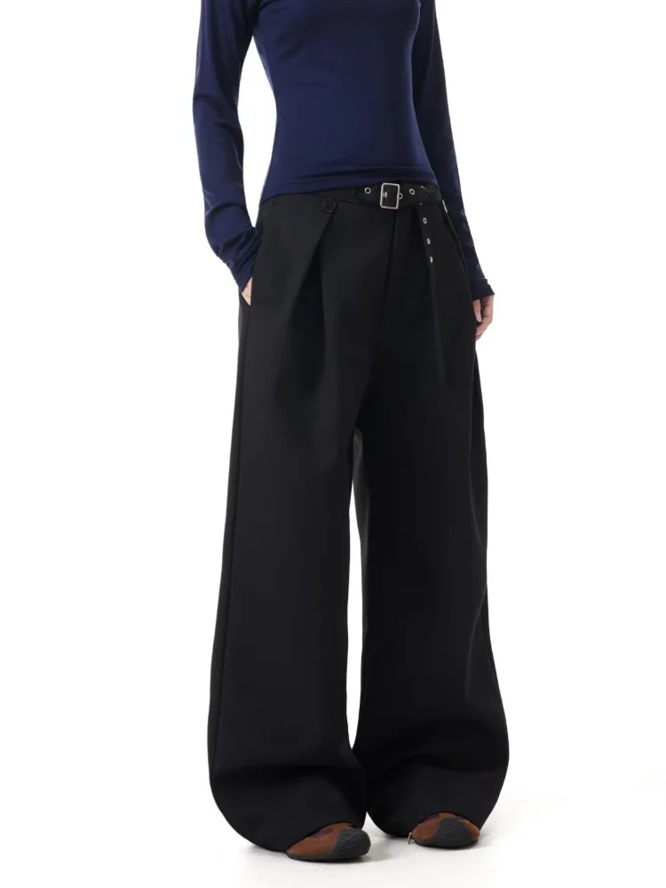 2025 tendencia Y2K estilo marrón plisado holgado Casual traje de mujer pantalones para mujer ropa de pierna ancha parte inferior recta pantalones largos