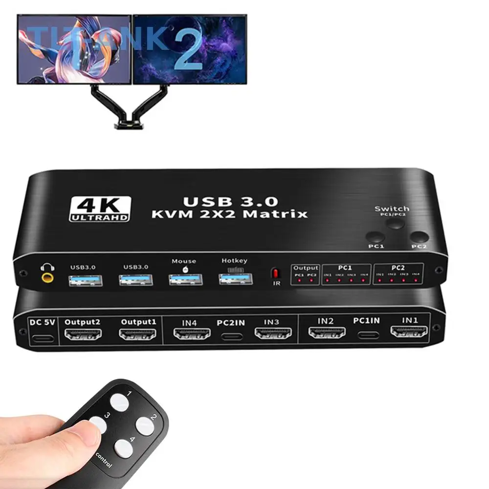 

KVM-переключатель 2x2 для матричной матрицы HDMI 4K 60 Гц, USB KVM-коммутатор для 2 компьютеров и 2 мониторов, пластиковый корпус