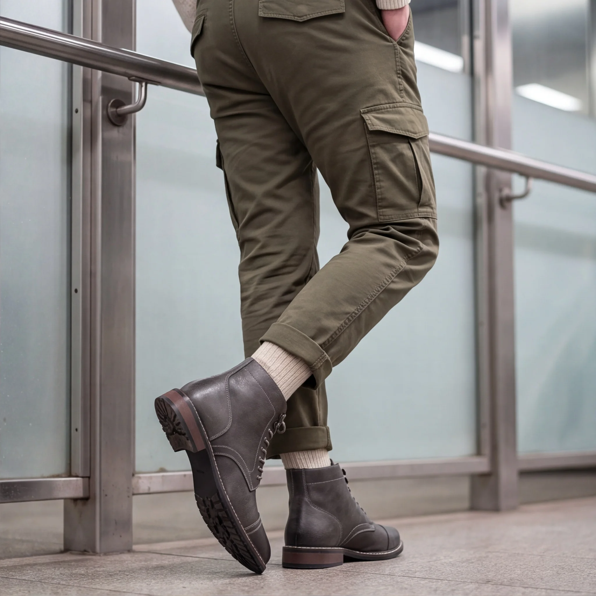 Herrenstiefel mit runder Zehenkappe, Schnürstiefel für Männer, schmale Außensohle mit niedrigem Blockabsatz, knöchelhohe Stiefel. – Detail 3