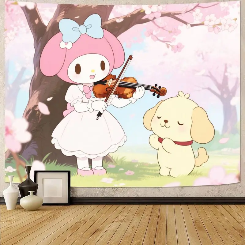 

1 шт. Sanrio My Melody & Pompompurin Kawaii розовый гобелен с вишневым цветом, настенное искусство для скрипки, современный декор из полиэстера для девочек Bedroo
