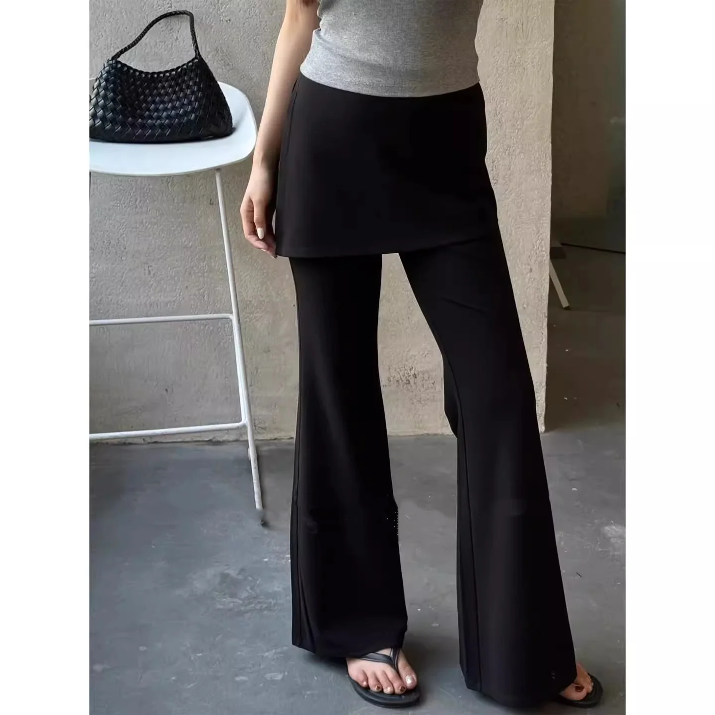 American Style High Waist Micro Flare Pants Women's Summer Casual Elastic Slimming Sports Pants Design Sense Fake Two-Piece