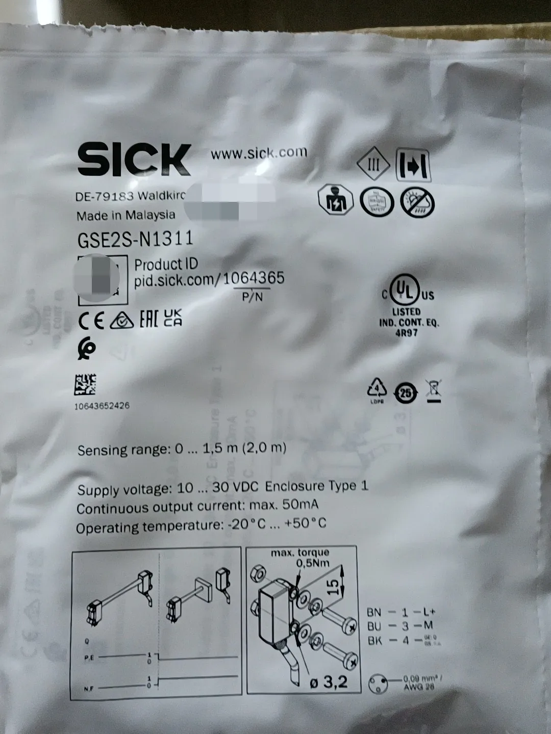 Новый фотоэлектрический датчик SICK GSE2S-N1311, произведен в Малайзии.