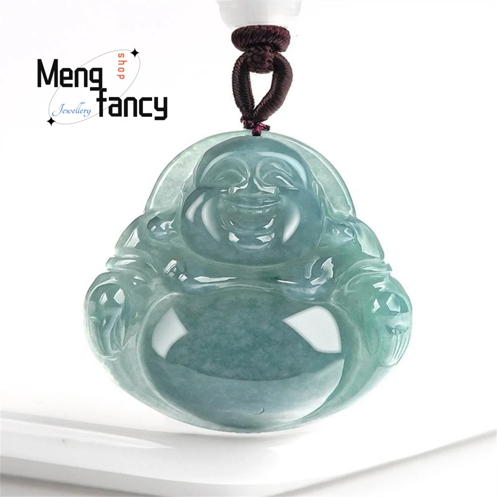 

Natural A-grade Jadeite Blue Water Maitreya Buddha Old Ice-type Jade Pendant National Style Buddhist Amulets High-grade Jewelry
