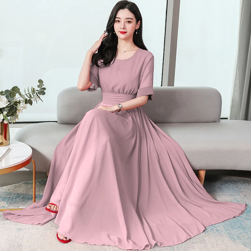 Summer Pink Casual Boho Beach Long Dress 2024 Elegant Women Bodycon Party Maxi Dress Korean Solid Fashion Evening Prom Vestidos