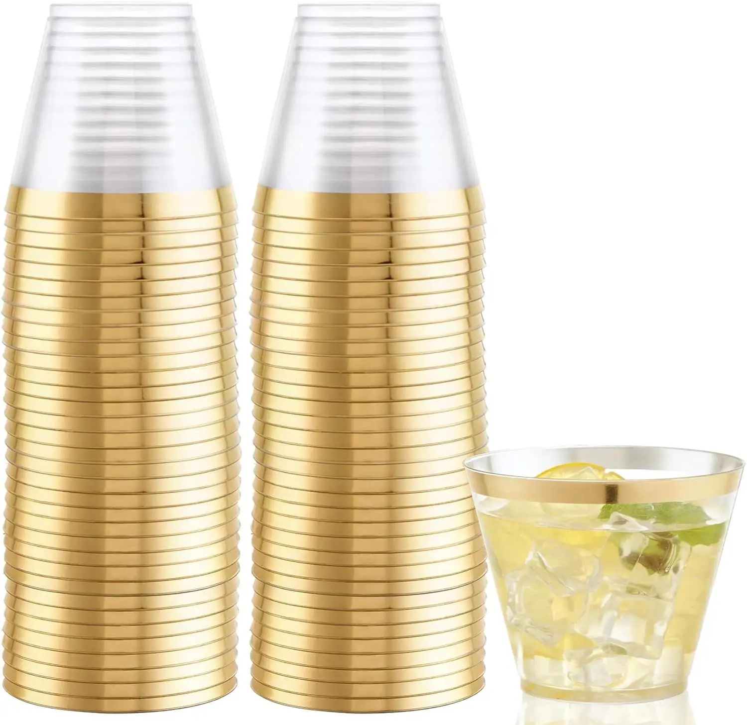 100Pcs 9OZ Clear Cups - Plastic Disposable Cups with Gold Trim, Heavy Duty & BPA-free for Party, Wedding, Reception