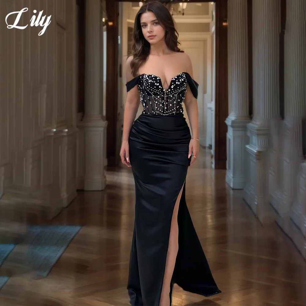 

Lily Black Sexy V Neck Evening Dresses Off the Shoulder Hollow Prom Dress with Sequins Satin Side Split Formal Gown Customized