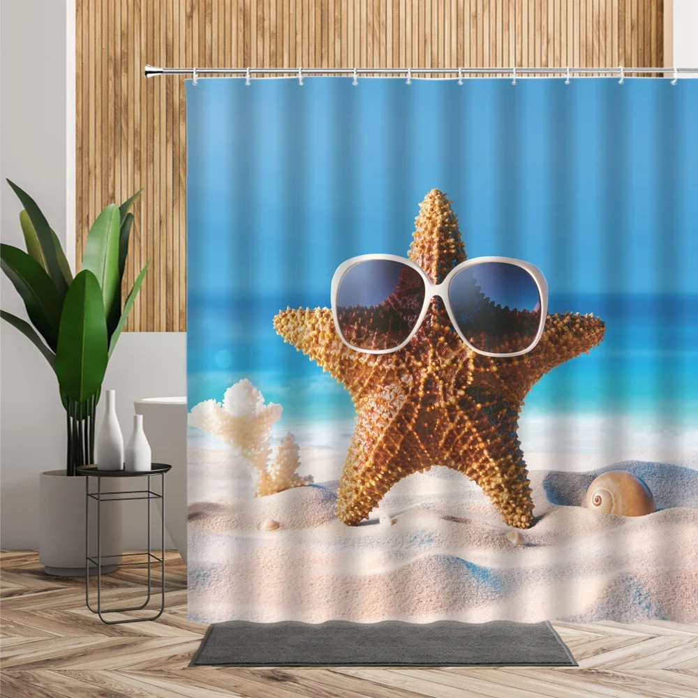 

Beach Vacation Scenery Shower Curtain Interesting Starfish Sandy Beach Coconut Tree Bathroom Decor Waterproof Bathtub Screen