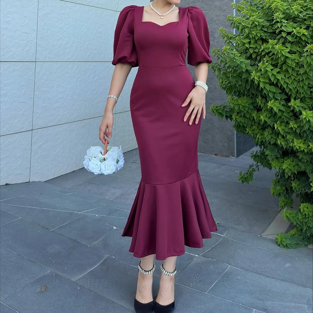 

Customized A-line Evening Dresses Tea-length Square Collar Half Sleeve Prom Gown Simple Fashion Draped Casual Party Gown