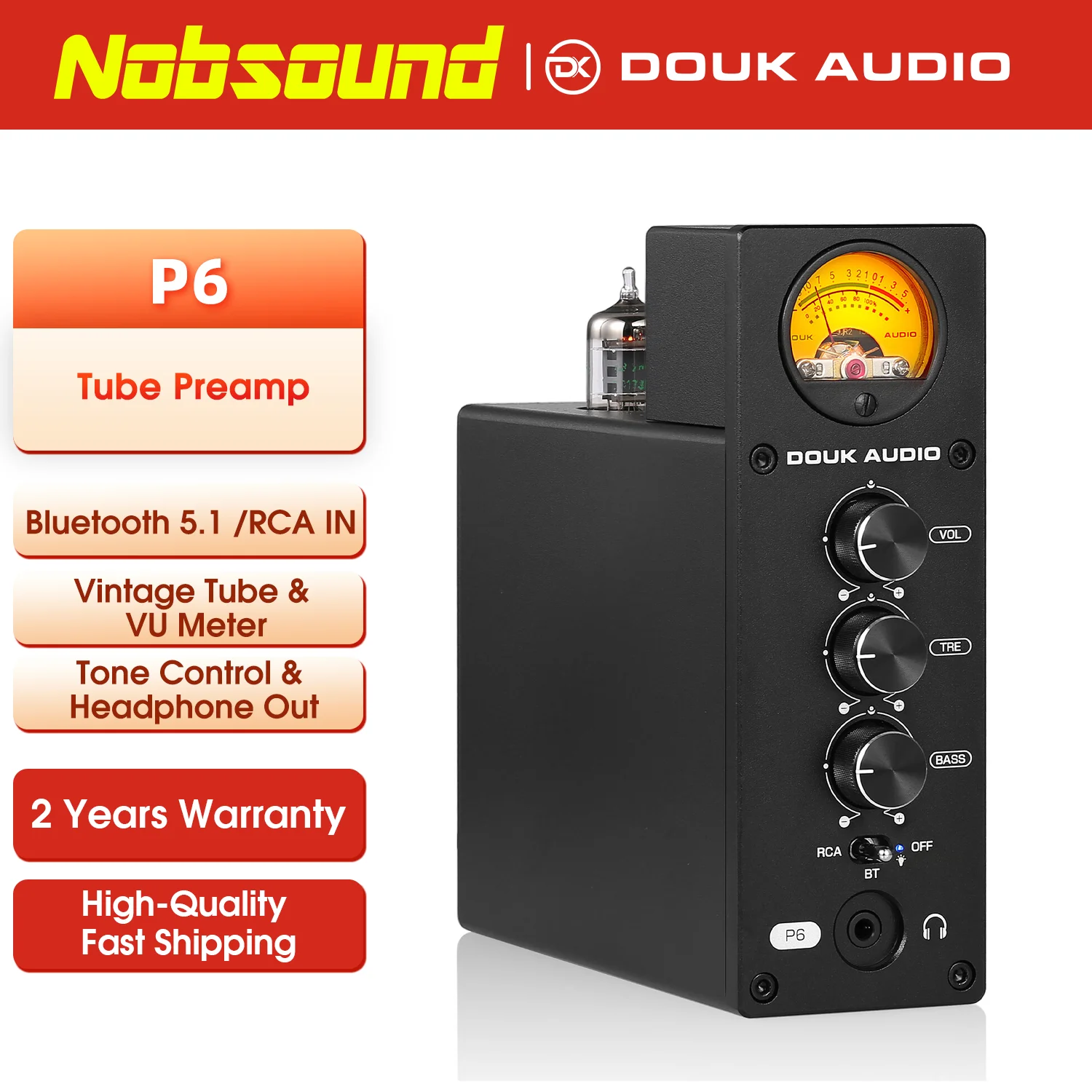 Nobsound 하이파이 밸브 튜브 프리앰프, 블루투스 5.1 수신기, 스테레오 오디오 헤드폰 앰프 APYX-HD, VU 미터 포함