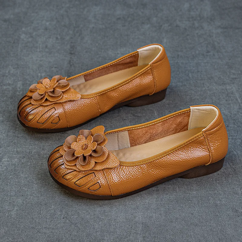 

Newest Retro Ethnic Genuine Leather Mom Shoes with Slope Heel Cow Tendon Soft Bottom Anti-Slip Flower Design for Women