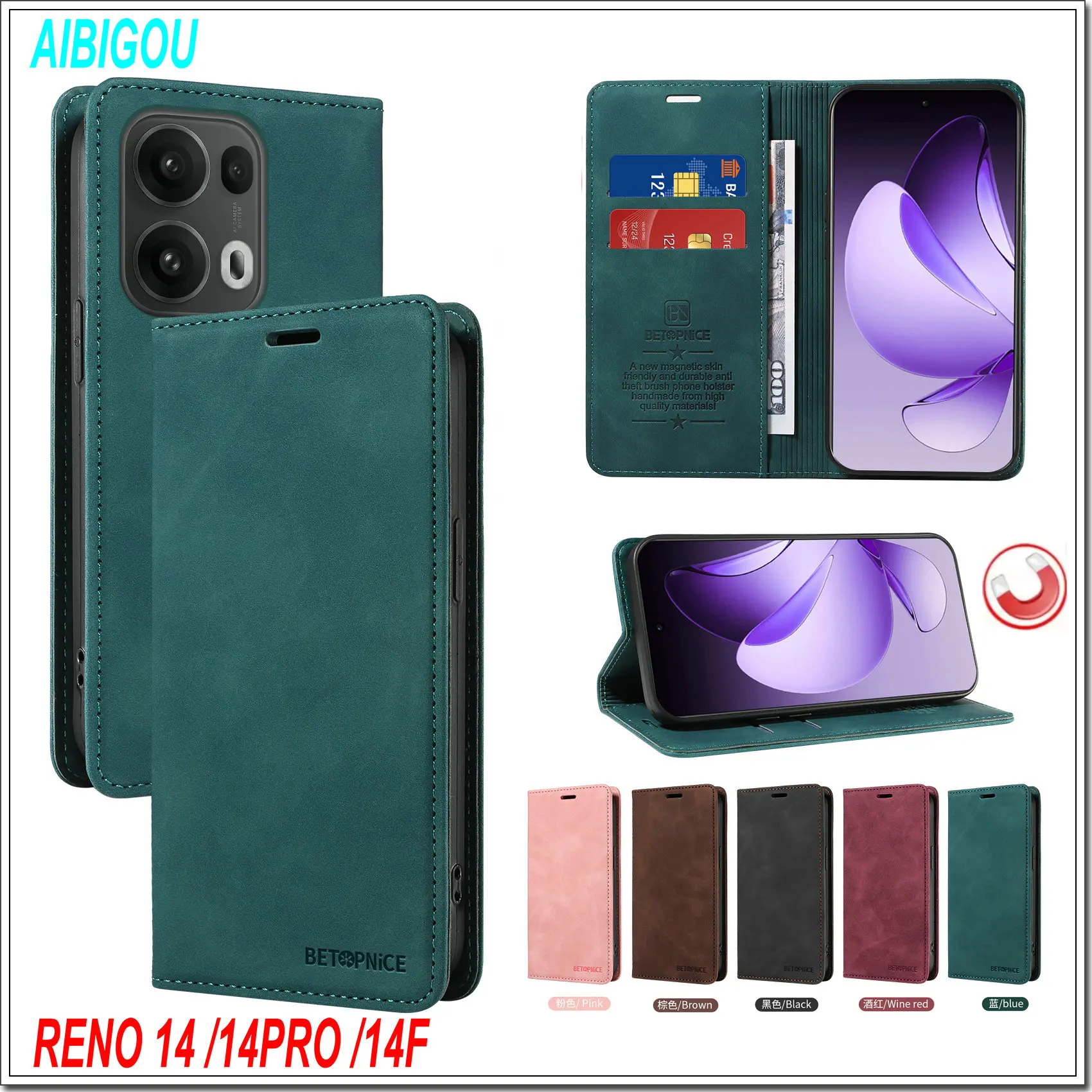 ل ممن لهم رينو 14 برو RENO14 14F حافظة جلدية فاخرة الوجه ريترو الجلد المحفظة كتاب حامل المغناطيس غطاء كامل 14 F RENO14 أكياس الهاتف #1