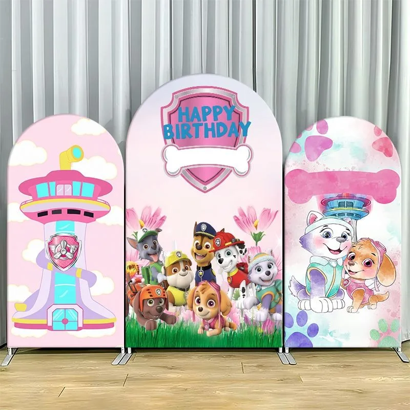 Image of Paw Patrol Bogen-Hintergrundbezug aus dickem Stoff, individuelle Happy-Birthday-Party-Dekoration, rosa Pastell-Figuren-Fotobox-Dekor für Events