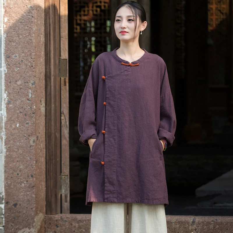 النمط الصيني المرأة القطن الكتان معاطف جديد وصول 2025 الخريف Vintage س الرقبة عادي اللون فضفاض الإناث سترات رجالي M1988