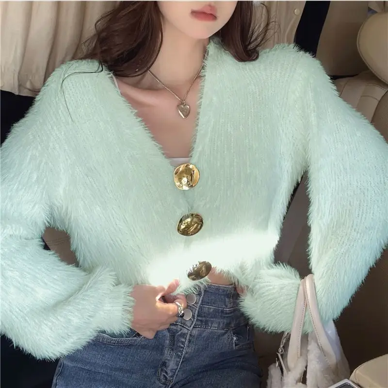 Autumn Winter New Korean Fashion V-neck Knitted Mink Fleece Coat Top Women\'s Versatile Gold Button Loose Cardigans Sweater