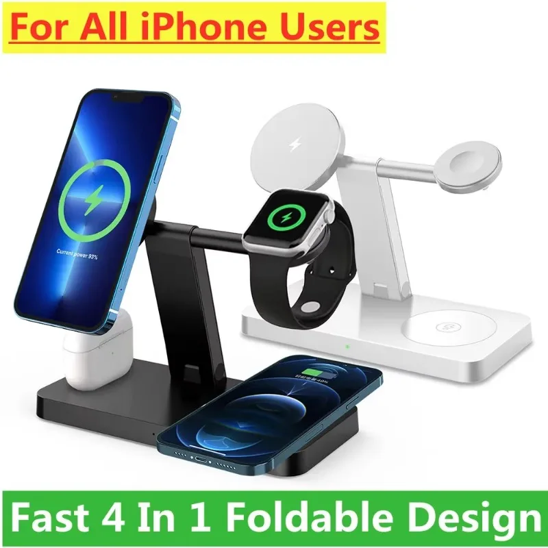 Foldable 4 In 1 Magnetic Wireless Charger Stand For Magsafe iPhone 16 15 14 13 12 Apple Watch Airpods Fast Charging Dock Station