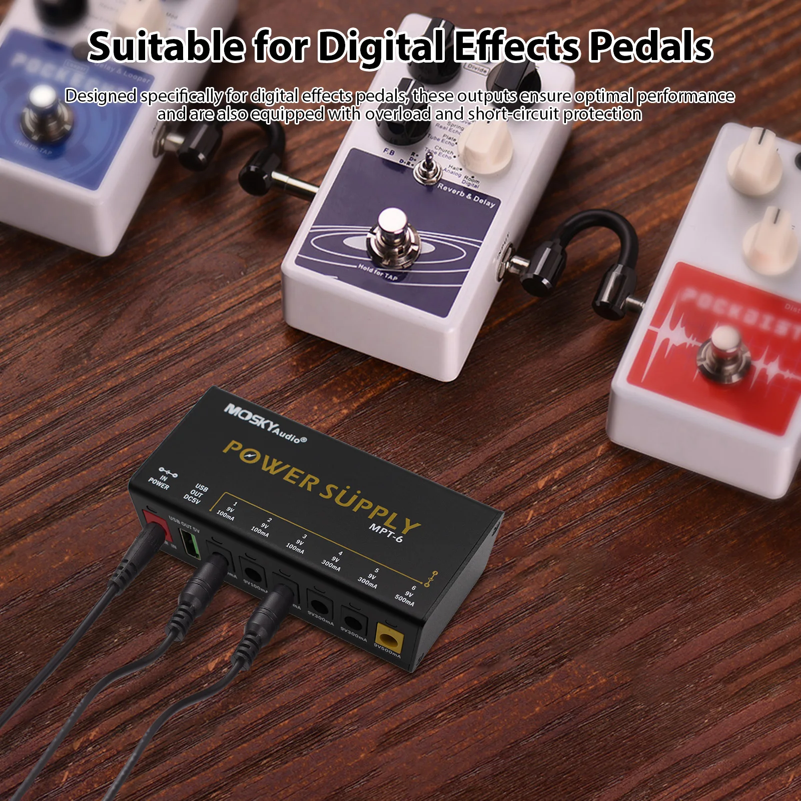 MOSKYAUDIO 6-Channel Guitar Pedal Power Supply with Independent Short Circuit Protection LED Power Indicator Pedal Board