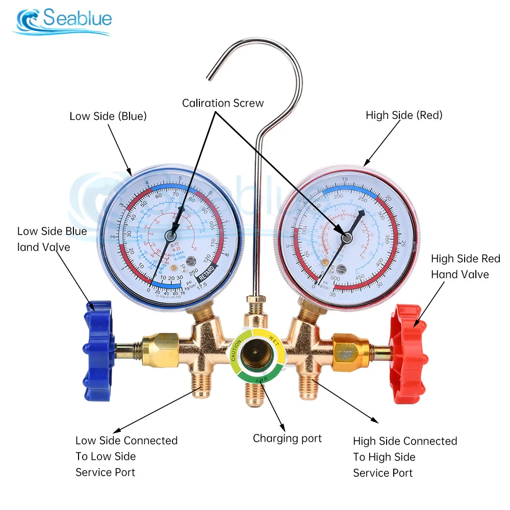 Refrigerant Manifold Gauge Air Condition Refrigeration Set Air Conditioning Tools with Hose and Hook for R12 R22 R404A R134A