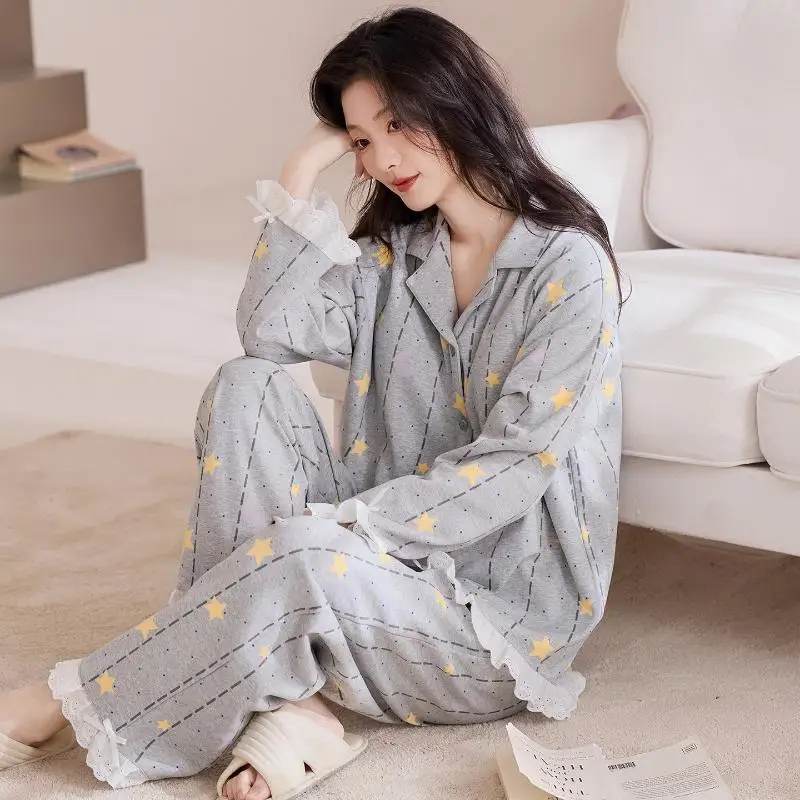 Women's Floral Long Sleeved Long Pants Pajama Set Women's Spring and Autumn Lace Round Neck Home Wear Student Soft Two-Piece Set