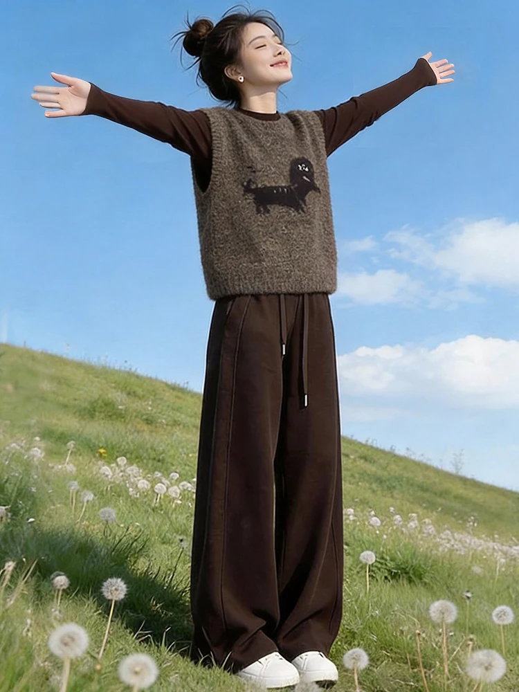 

Korean Sle Women's Spring 2026 Tee-Piece Set Svel Sweater Vest Loose Wide Leg Pants Casual Comfortable Faion