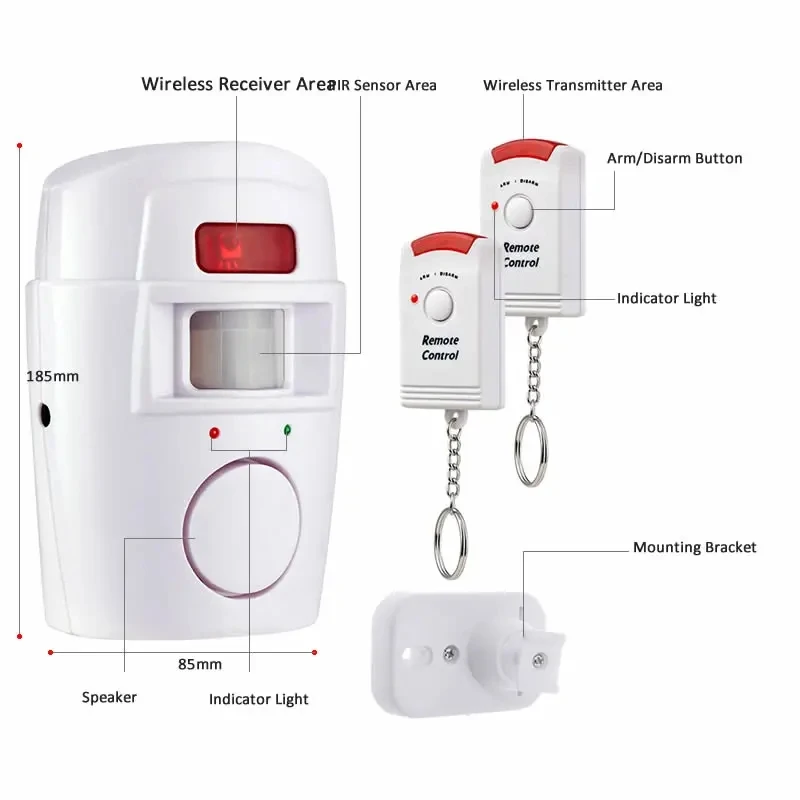 Sensor de movimiento PIR inalámbrico con 2 adaptadores de corriente de Control remoto, Detector de alarma para casa, cobertizo, garaje, caravana, sistema de seguridad