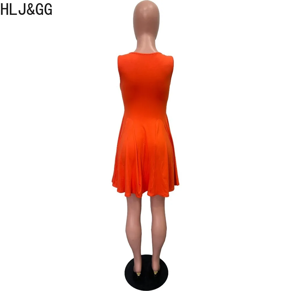 HLJ&GG Orange Spring New Solid Color Loose A-line Mini Dresses Women Round Neck Sleeveless Pocket Vestidos Fashion Streetwear