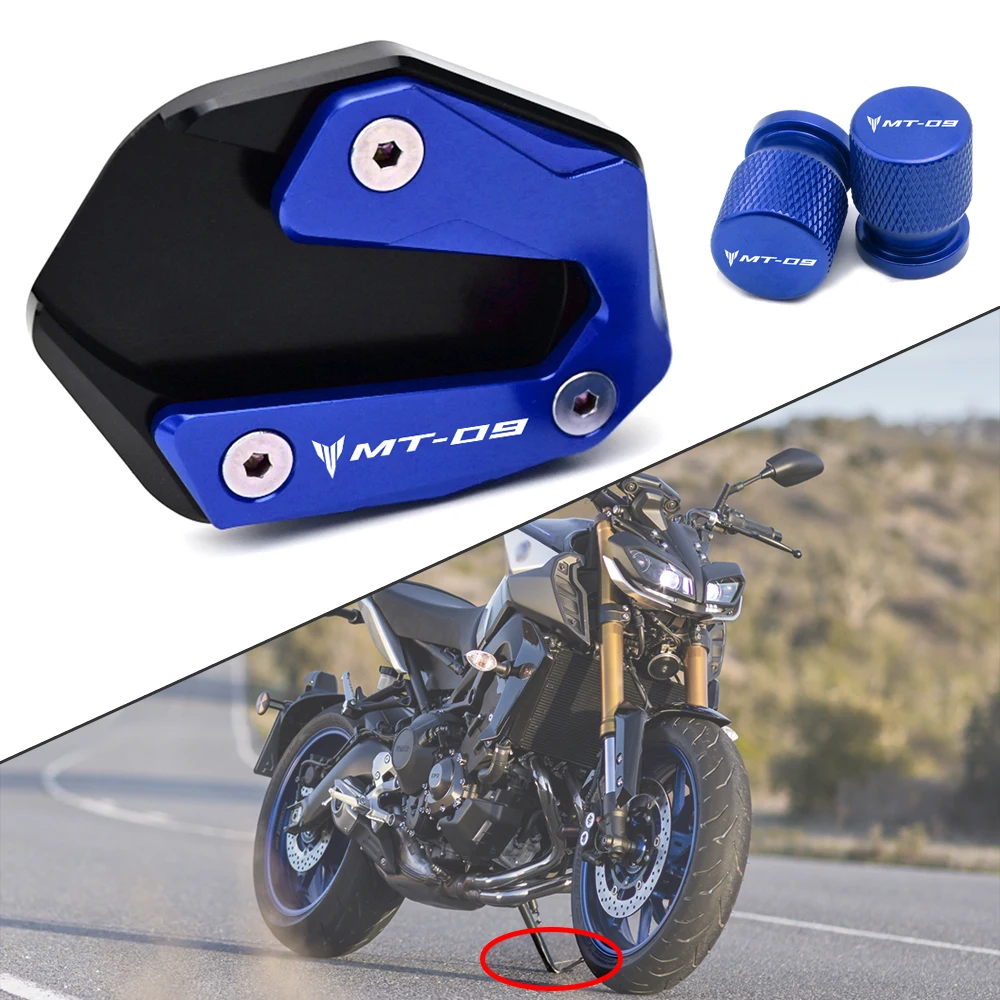 Motorcycle Kickstand Foot Side Stand Enlarger Pad & Tire Valve Cap For Yamaha MT09 MT 09 MT-09 SP FZ09 2015-2023 Accessories