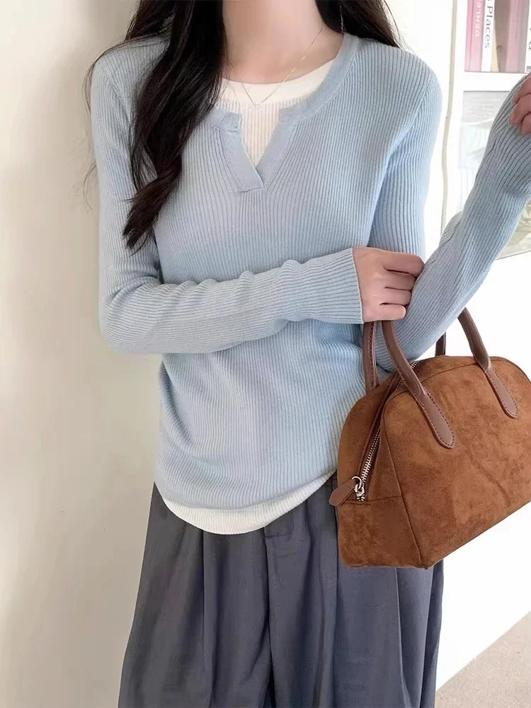 تيشيرتات كورية مزيفة مكونة من قطعتين بأكمام طويلة تي شيرت محبوك 2025 Ropa Mujer ملابس نسائية للخريف برقبة دائرية