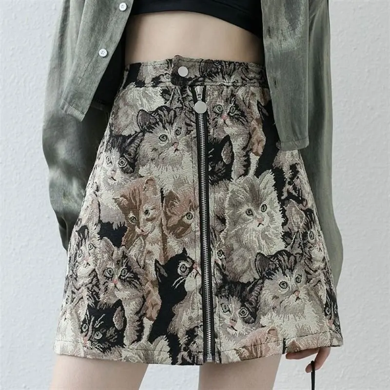 

Gagaok 2025 Spring Retro A-line Skirts Vintage Jacquard Embroidered Cat Printed Mini Skirt Sweet Gentle Bodycon Clothes