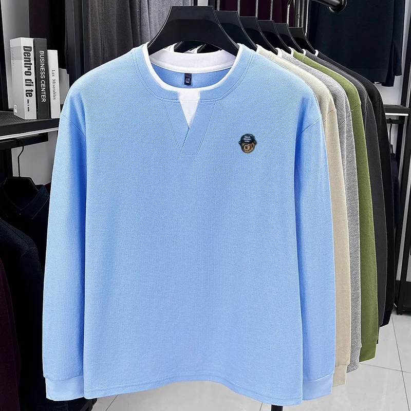 100% Baumwolle Herren Mode-Design Stickerei O-Ausschnitt T-Shirt Frühling Herbst Langarm Pullover Oberteile Business Komfort Herrenbekleidung – Detail 8