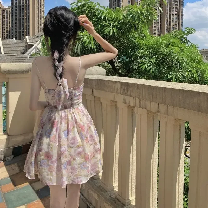 A-line Dress Women Summer Floral Romantic Retro Elegant Holiday French Style Ladies Design Slim Beach Sundress Fashion Ins New