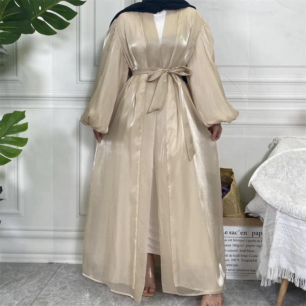 

Summer Eid Open Abaya Dubai Shiny Soft Puff Sleeves Muslim Dress Satin Abaya Dubai Turkey Muslim Dress Islam Abayas Evening Gown