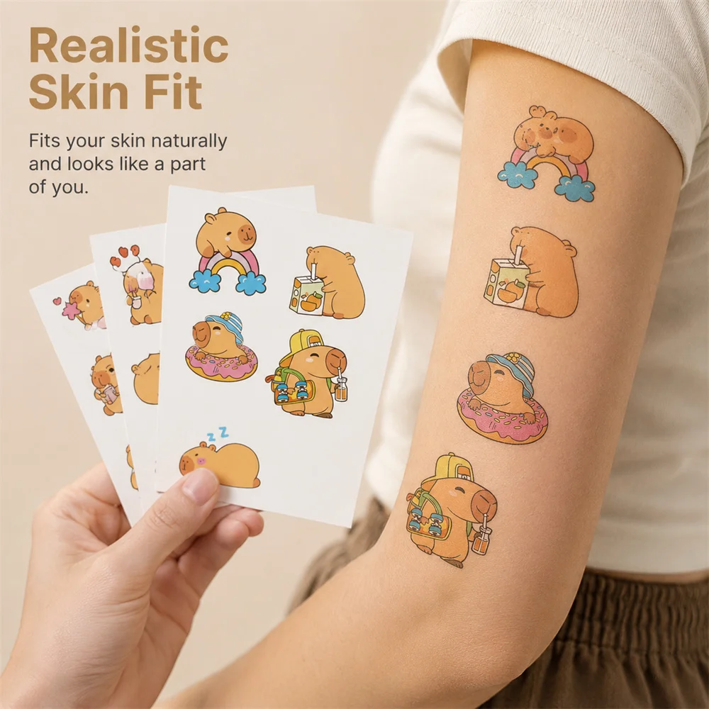 35Pcs Capybara Themed Temporary Tattoo Stickers Waterproof Cute Cartoon Animal Body Art Decals Festival Skin Decor Accessories