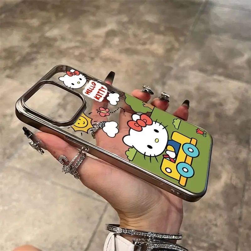 Hello Kitty Driving In The Morning Phone Case For Iphone 16 15 14 13 11 12 Pro Max Plus X XR XS 7 8 Plus Y2K Metal Frame Shell