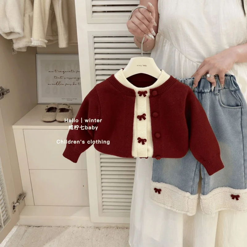 Girls' Autumn and Winter New Red Bow Sweater Stylish Frayed Edge Fleece-Lined Thickened Jeans for Baby Girls2Set