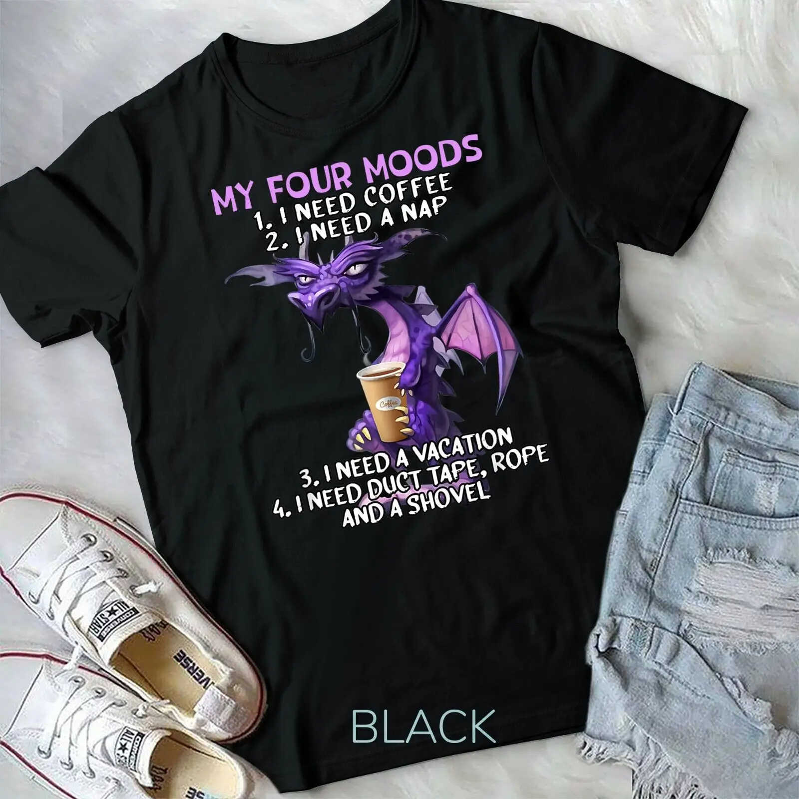 My Four Moods I Need Coffee I Need A Nap Dragon Coffee Lover Unisex T-shirt