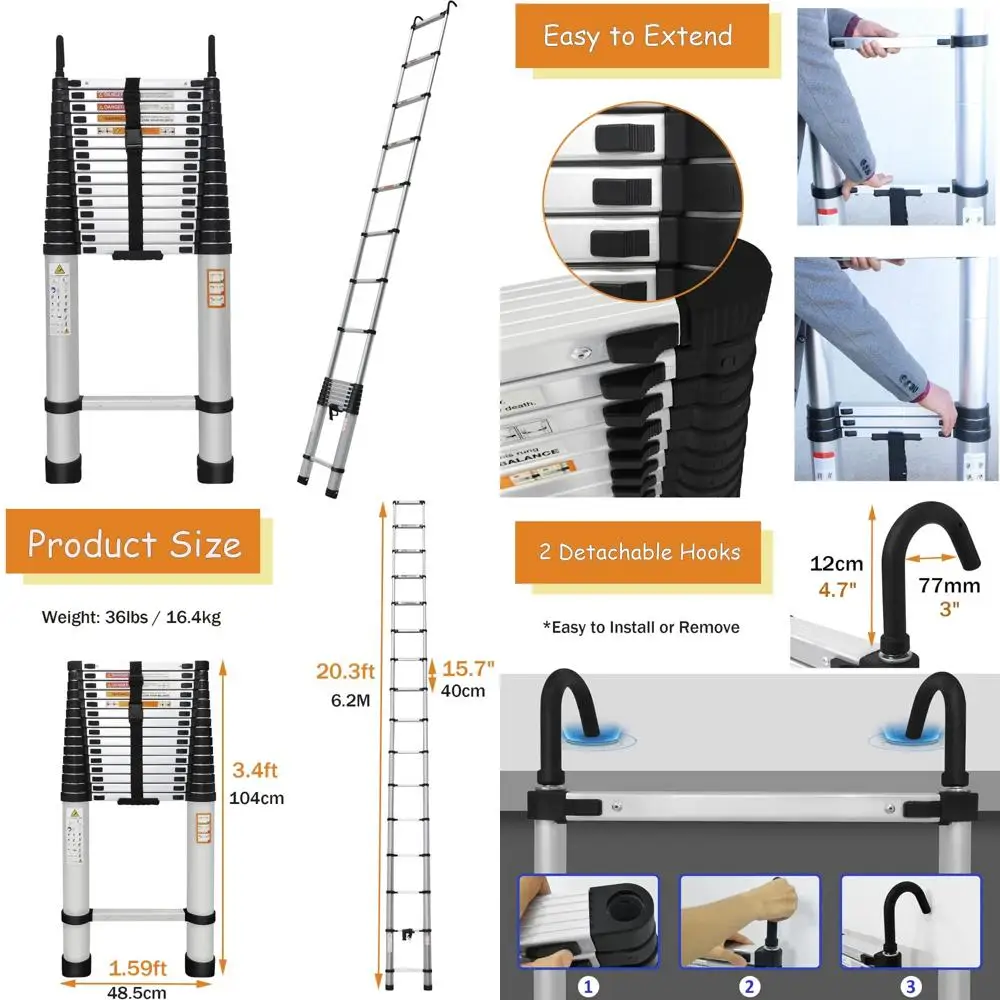アルミニウム伸縮式はしご 20.3フィート、耐荷重330ポンド、折りたたみフック、滑り止めゴム足で安全性を向上